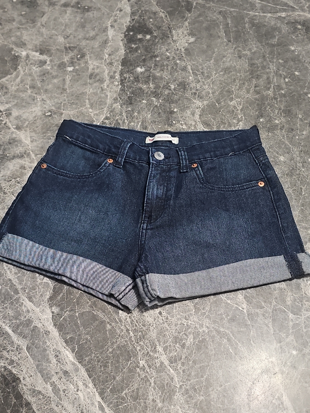 Levi's Girlfriend Dark Blue Denim Cuffed Shorts Adjustable Waist Stretch
